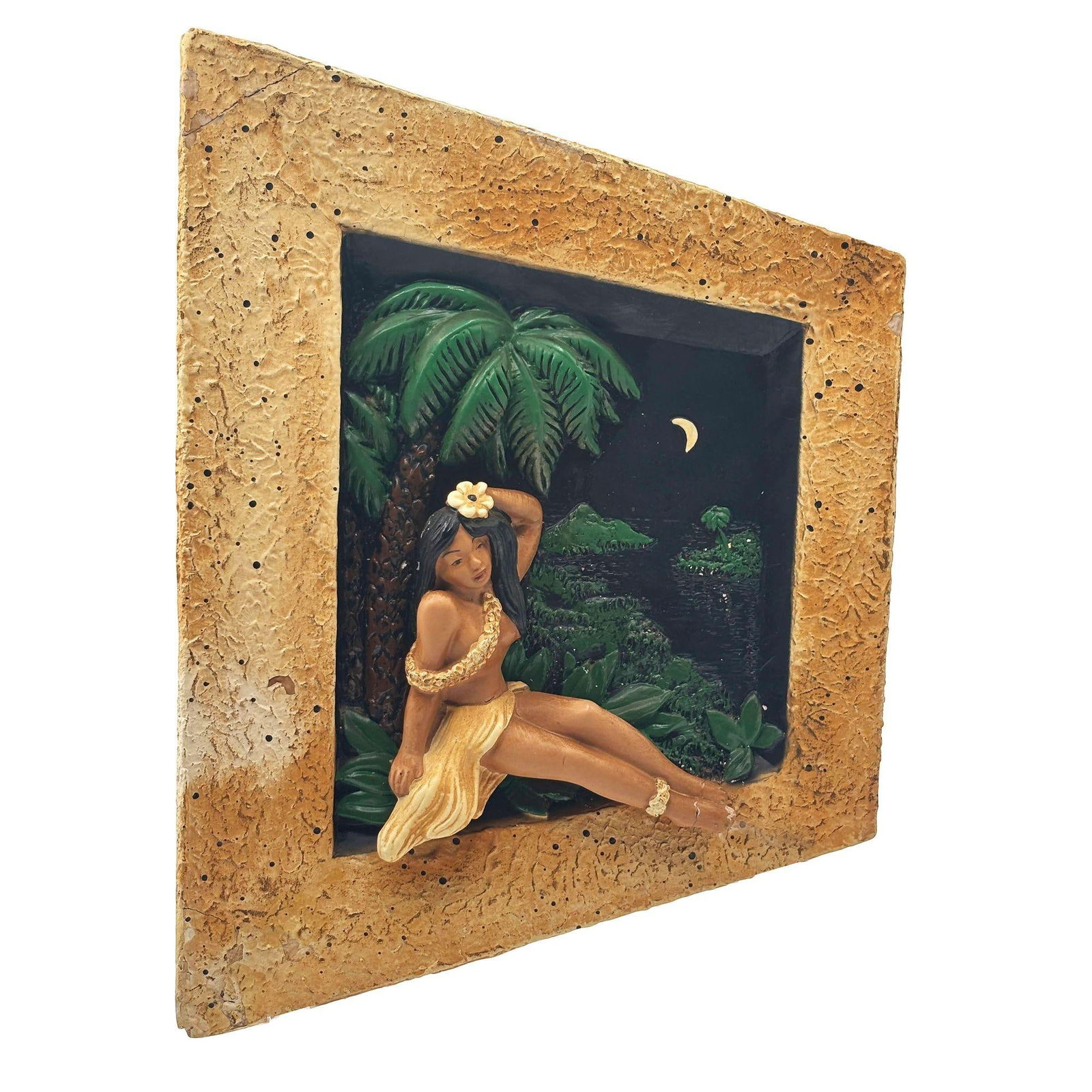 Rare MCM Tropical Hula Girl & Ukulele Boy Art Pottery 3D Wall Sculptural, Pair - 8