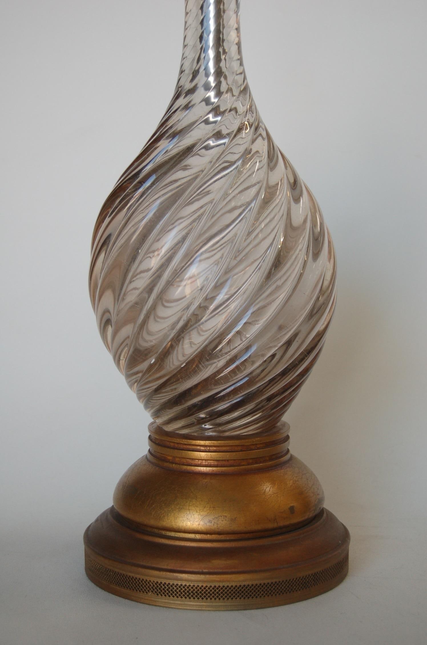 Italian Pink Metalic Swirled Murano Glass Table Lamp on Gold Wood Base - 19