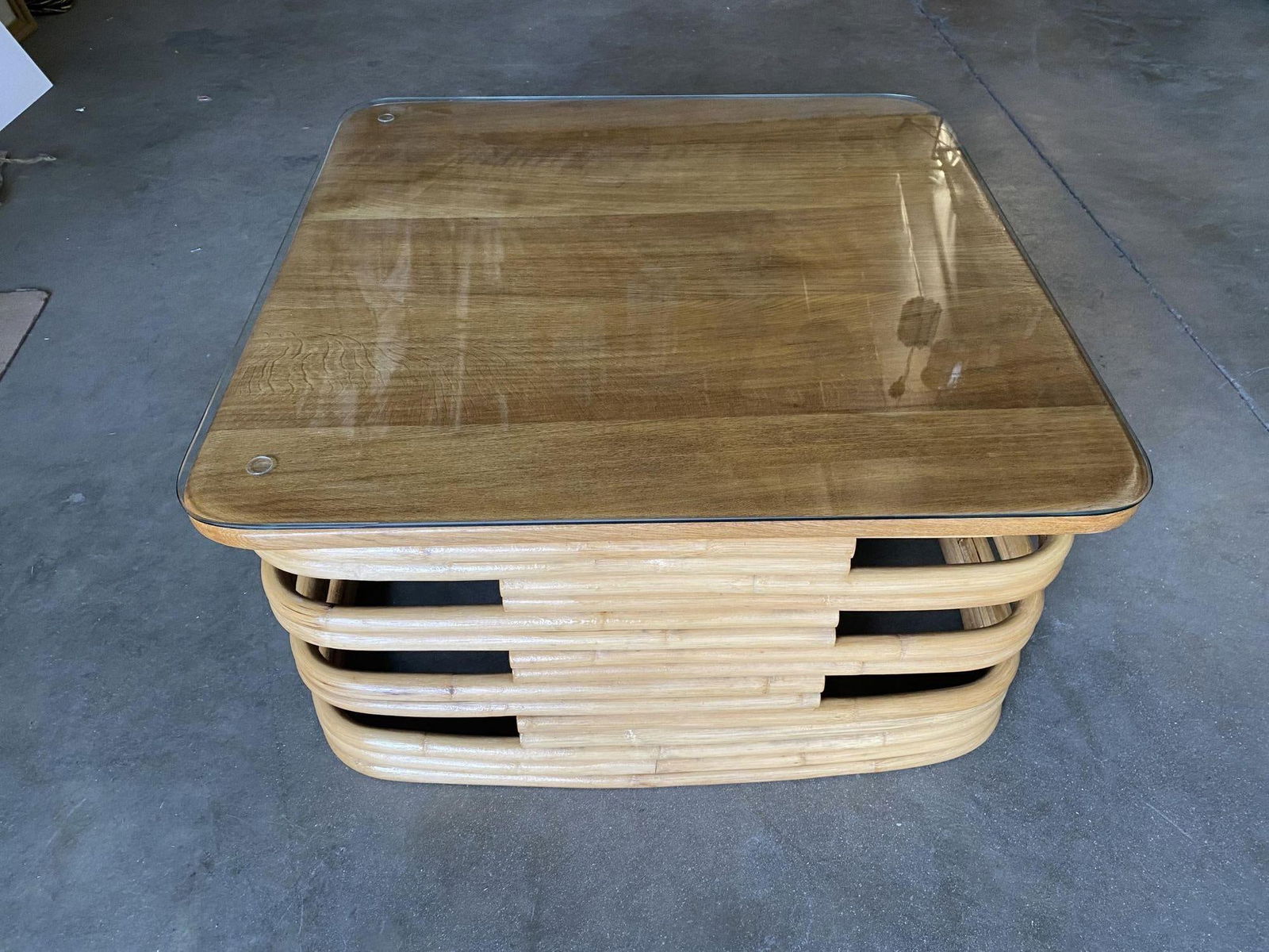 Restored Stacked Slat Rattan Coffee Table W/ Mahogany & Glass Top - 10