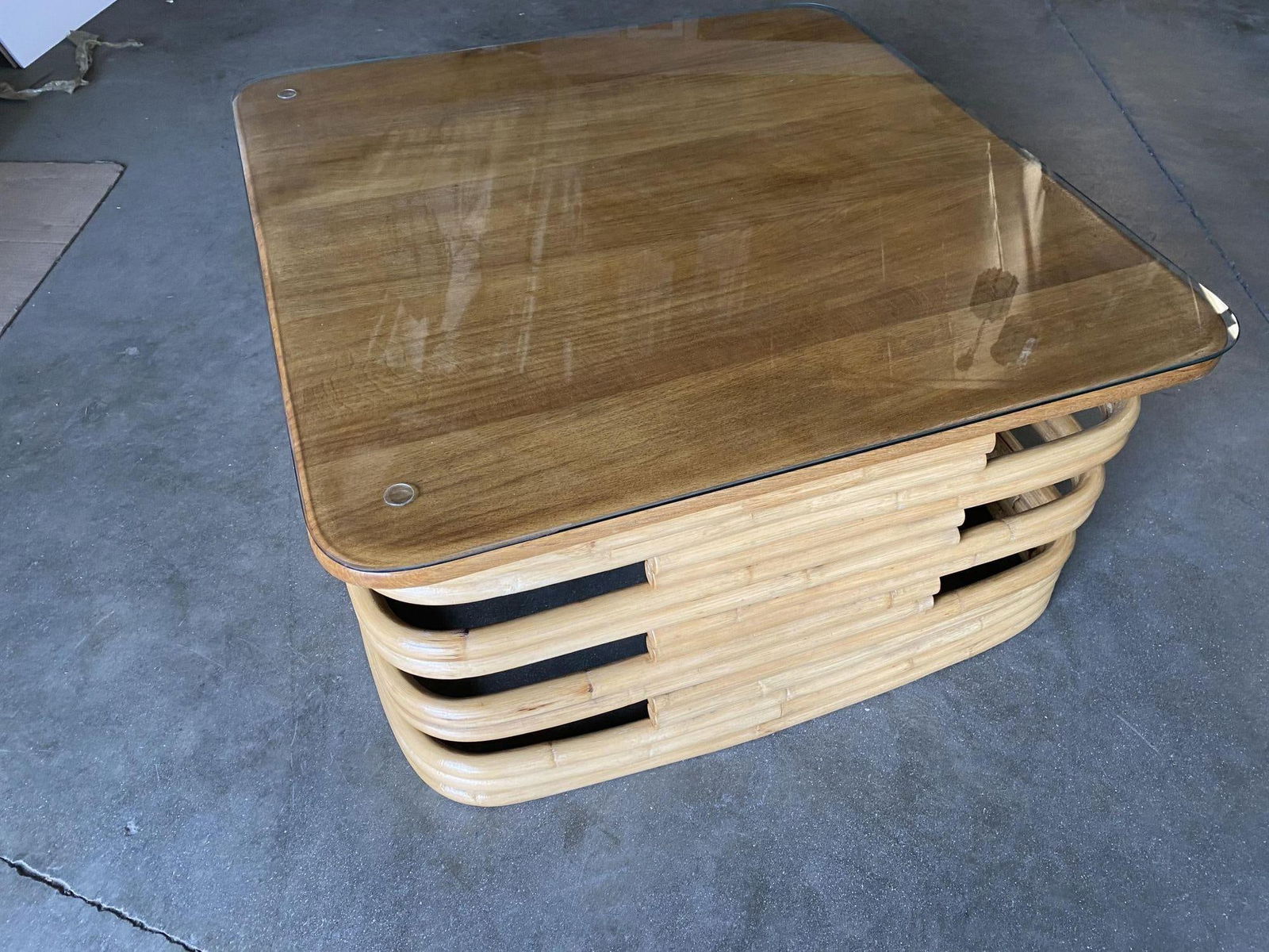 Restored Stacked Slat Rattan Coffee Table W/ Mahogany & Glass Top - 11