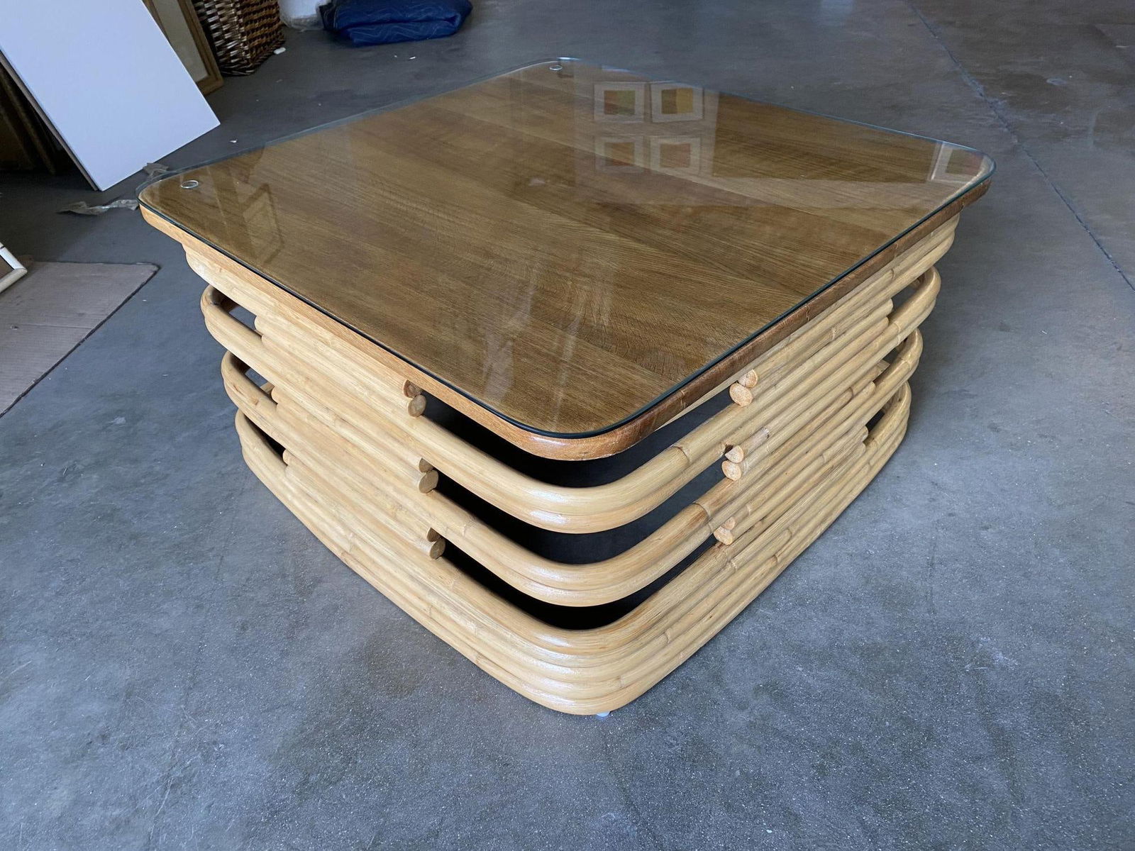 Restored Stacked Slat Rattan Coffee Table W/ Mahogany & Glass Top - 16