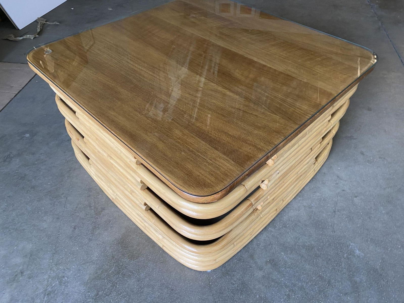 Restored Stacked Slat Rattan Coffee Table W/ Mahogany & Glass Top - 17