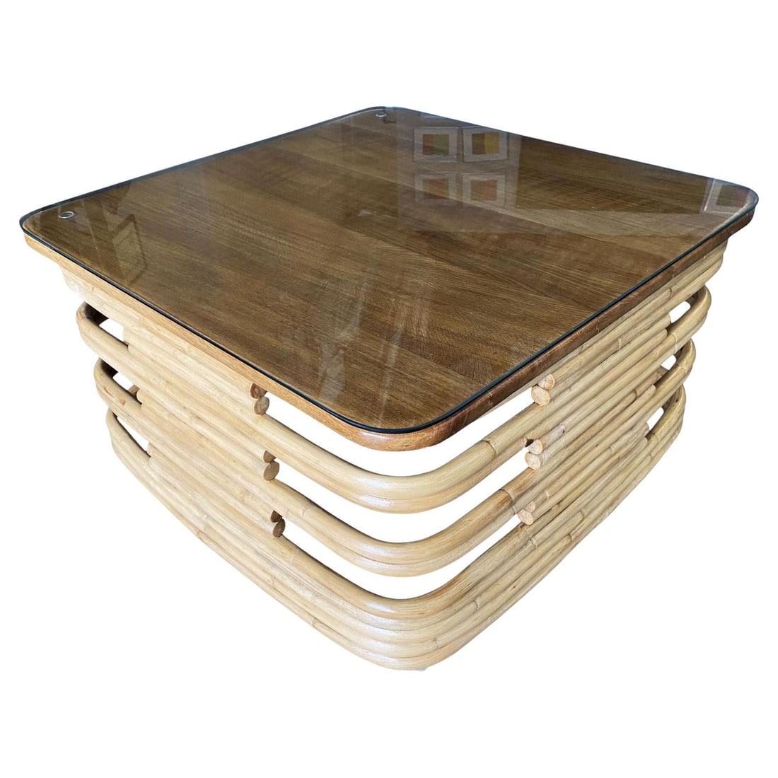 Restored Stacked Slat Rattan Coffee Table W/ Mahogany & Glass Top: Vintage 1940s rattan coffee table with wonderful stacked base, stylized cut-out slat sides and a beautiful medium stained mahogany top complete with glass top. 30" x 30" top 15" high 1940, United Stat