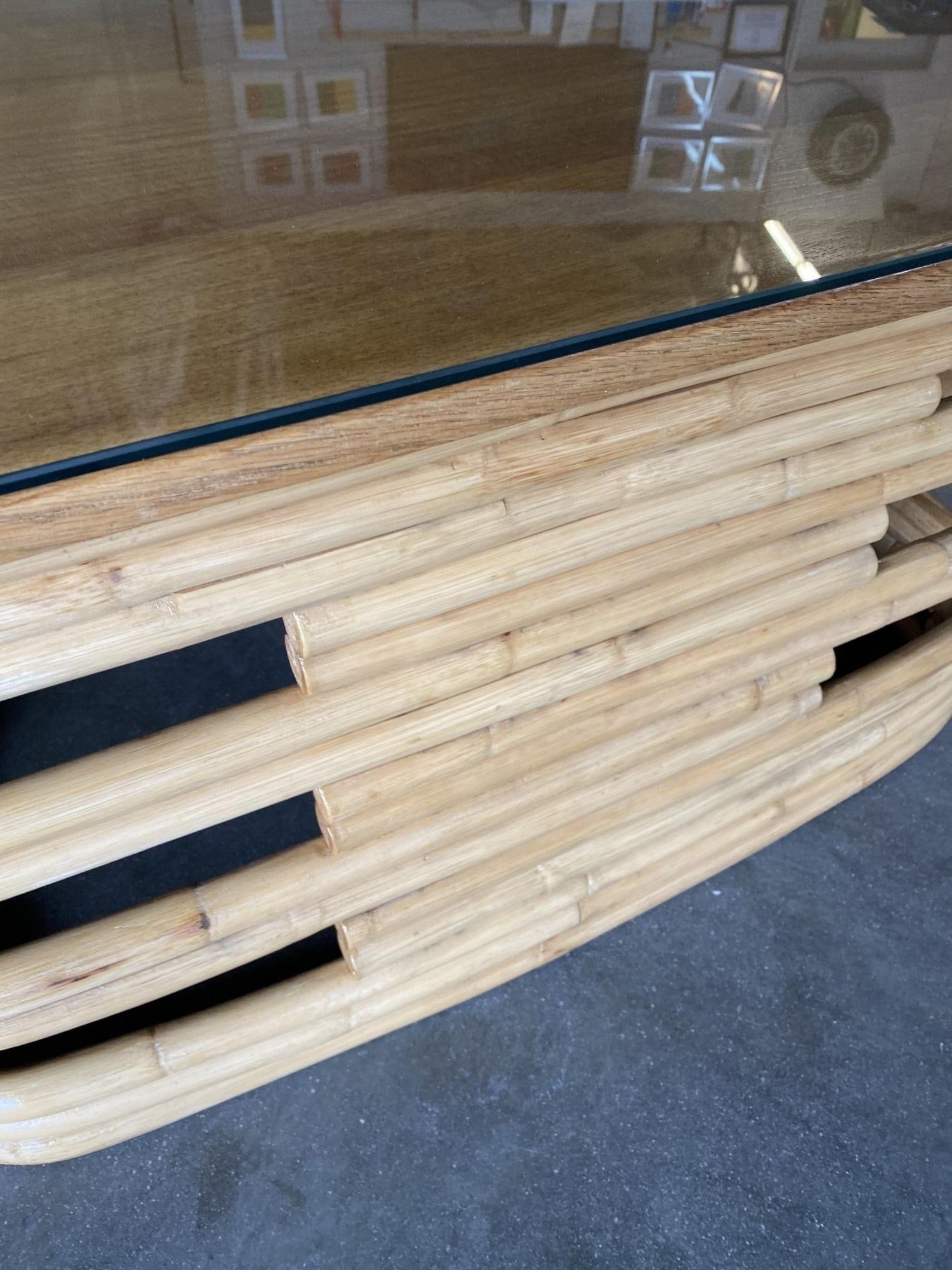 Restored Stacked Slat Rattan Coffee Table W/ Mahogany & Glass Top - 4