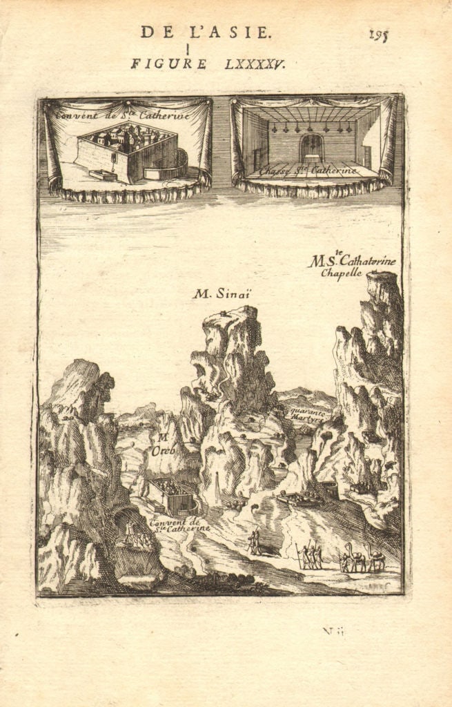 EGYPT. Mount Sinai & Saint Catherine's Monastery (Santa Katarina). MALLET 1683: M Sinai; M Ste Catherine Chapelle; Convent de Ste Catherine' (De L'Asie) by Mallet, Allain Manesson. Published 1683. Original 17th century copperplate print. Size 13 x 21 cm | 5.0 x 8.5 inches. Condit