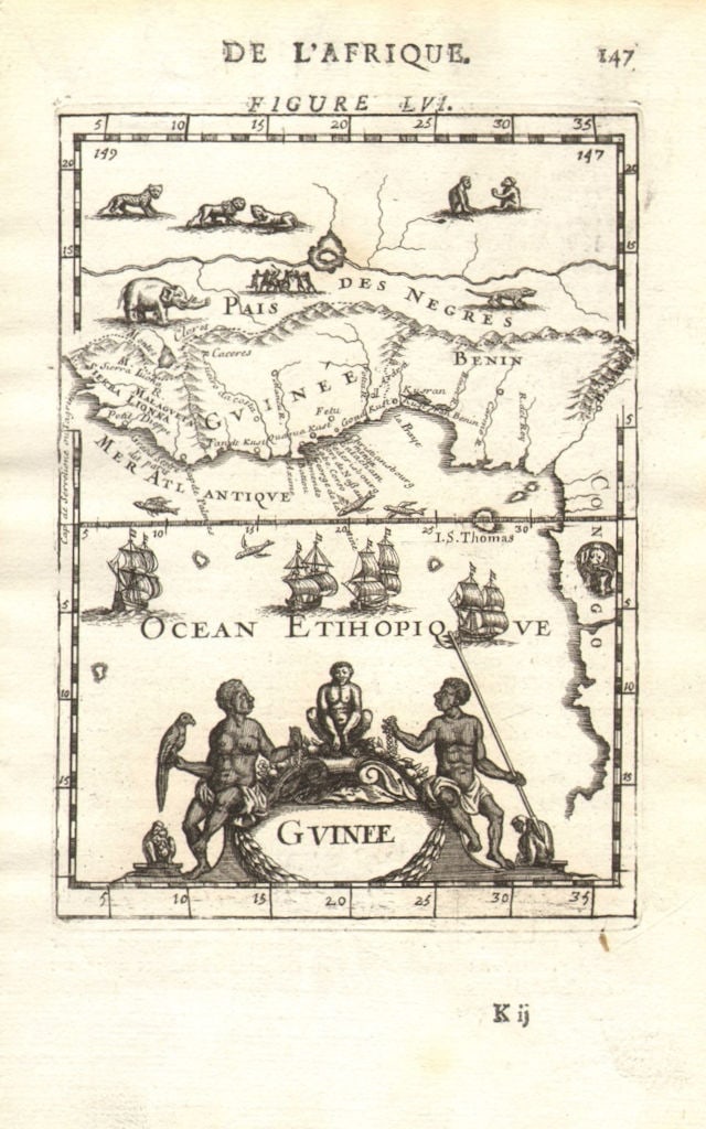 WEST AFRICA. Guinea. Nigeria Ghana Benin Togo Sierra Leone. MALLET 1683 map: Guinee' (De L'Afrique). Includes Sierra Leone and the Congo coast. St Thomas island. Etc by Mallet, Allain Manesson. Published 1683. Original 17th century copperplate map. Size 13 x 21 cm | 5.0 x 8.5