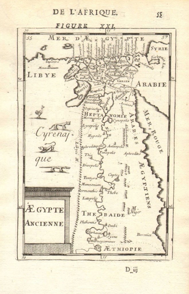 ANCIENT EGYPT. Nile valley. Shows towns. 'Aegypte Ancienne'. MALLET 1683 map: Aegypte Ancienne' (De L'Afrique) by Mallet, Allain Manesson. Published 1683. Original 17th century copperplate map. Size 13 x 21 cm | 5.0 x 8.5 inches. Condition: Good; suitable for framing. The image