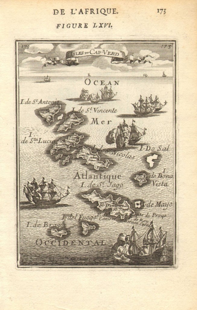 CABO/CAPE VERDE ISLANDS. Santiago São Vicente Sal Boa Vista &c. MALLET 1683 map: Isles du Cap-Verd' (De L'Afrique). The map shows the Cape Verde islands: St Antonio (Santo Antão/Antao), St Vicente (Sao/São Vicente), Sal, St Nicholas (Sao Nicolau), Sta Lucia (Santa Luzia)