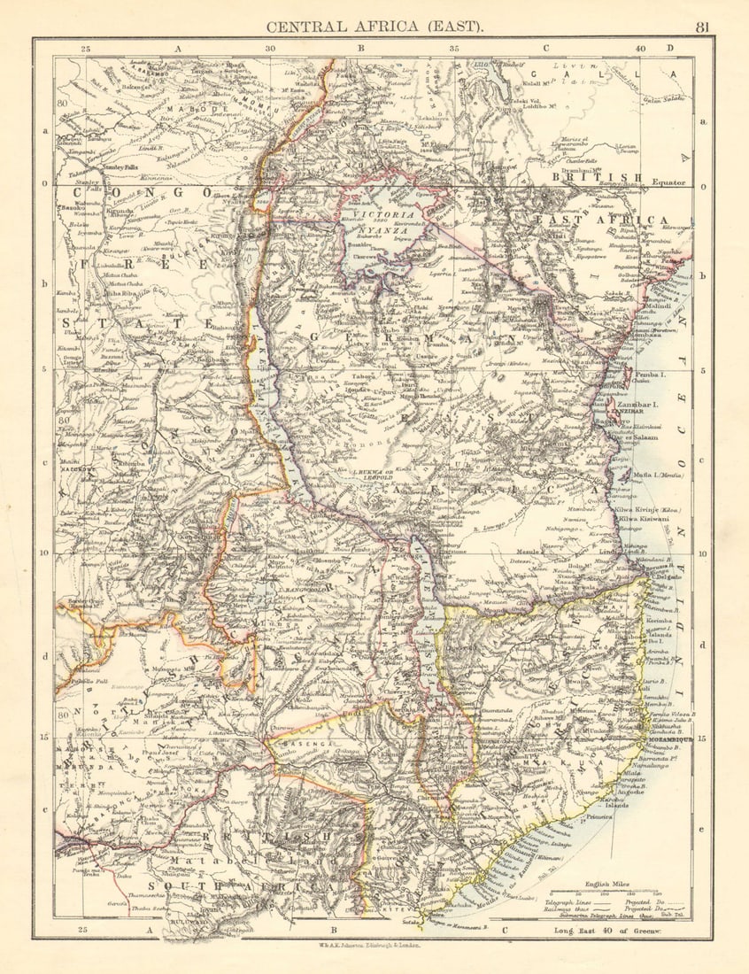 COLONIAL EAST AFRICA. German/British/Portuguese East Africa. Tanzania 1899 map: Central Africa, East'. W. & A.K. Johnston. Published 1899. Colour antique map. Size 27 x 21 cm | 10.5 x 8.5 inches. Condition: Good; suitable for framing. The image shown may have been taken from a di