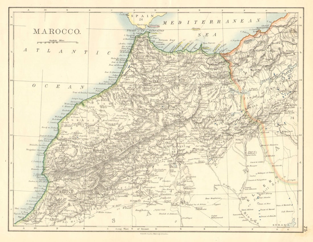 MOROCCO. Showing Atlas mountains rivers towns. Marrakech. JOHNSTON 1899 map: Morocco'. W. & A.K. Johnston. Published 1899. Colour antique map. Size 27 x 21 cm | 10.5 x 8.5 inches. Condition: Good; suitable for framing. The image shown may have been taken from a different examp