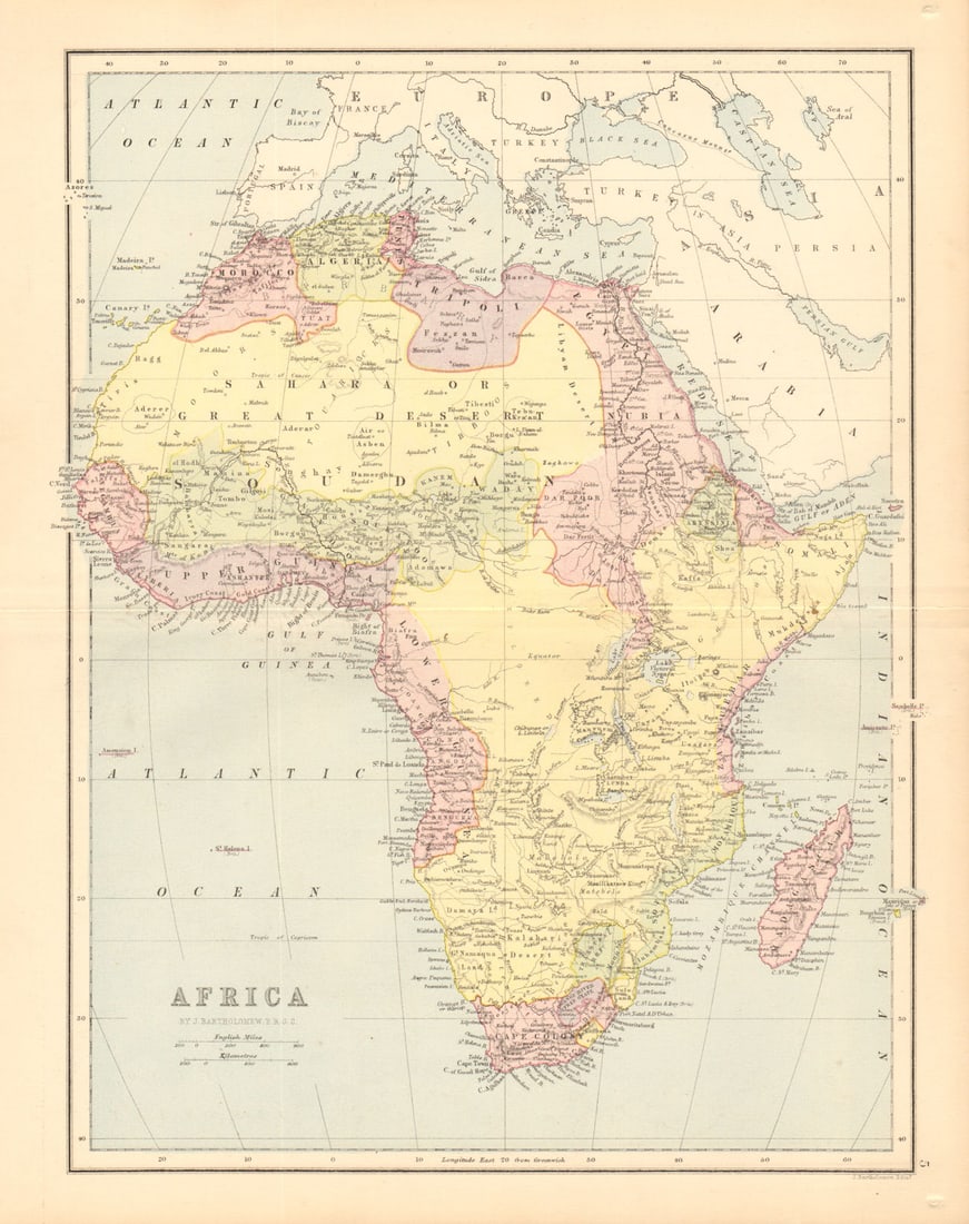 AFRICA. Pre 'Scramble for Africa'. BARTHOLOMEW 1876 old antique map plan chart: Africa'. J. Bartholomew, Edinburgh. Published 1876. Antique colour map. Size 31 x 24 cm | 12.0 x 9.5 inches. Condition: Good; suitable for framing. The image shown may have been taken from a different