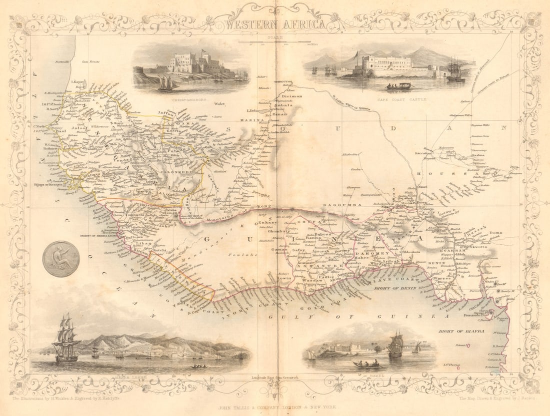 WESTERN AFRICA.Kong Mountains.Caravan routes.Slave Coast.TALLIS/RAPKIN 1849 map: Western Africa'. The map shows sub-saharan west Africa prior to the later "Scramble for Africa" colonisation. Senegambia is shown, as is the state of Liberia. Ashantee (roughly present day Ghana) is i
