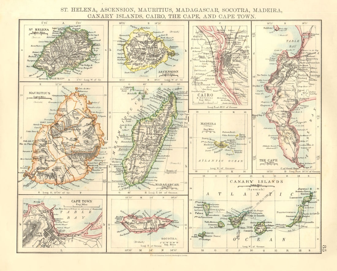 AFRICAN ISLANDS.Mauritius Madagascar Madeira Canaries St Helena 1906 old map: St. Helena, Ascension, Mauritius, Madagascar, Socotra, Madeira, Canary Islands., Cairo, The Cape, and Cape Town' by Johnston, W & AK. Published 1906. Colour antique map. Size 21 x 27 cm | 8.0 x 10.5 i