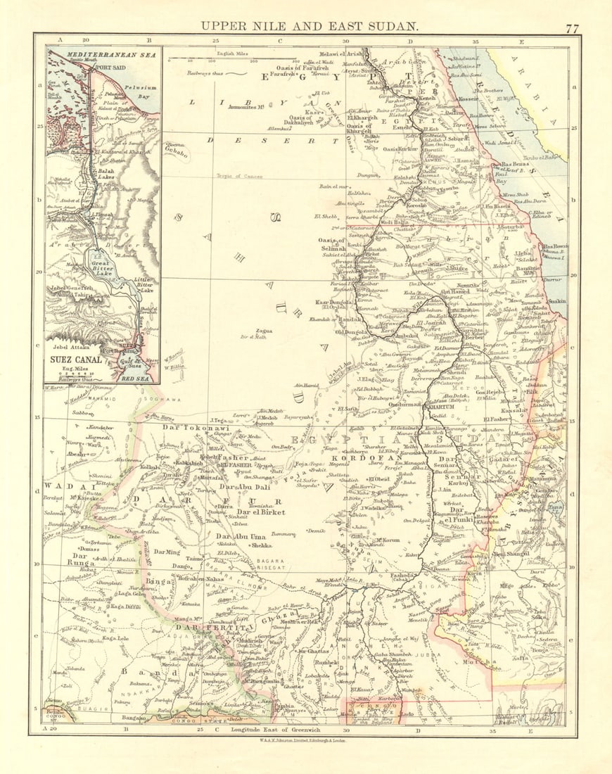 UPPER NILE, EAST SUDAN & SUEZ CANAL. Khartoum.White/Blue Nile. JOHNSTON 1906 map: Upper Nile, East Sudan, and Suez Canal' by Johnston, W & AK. Published 1906. Colour antique map. Size 21 x 27 cm | 8.0 x 10.5 inches. Condition: Good; suitable for framing. The image shown may have be