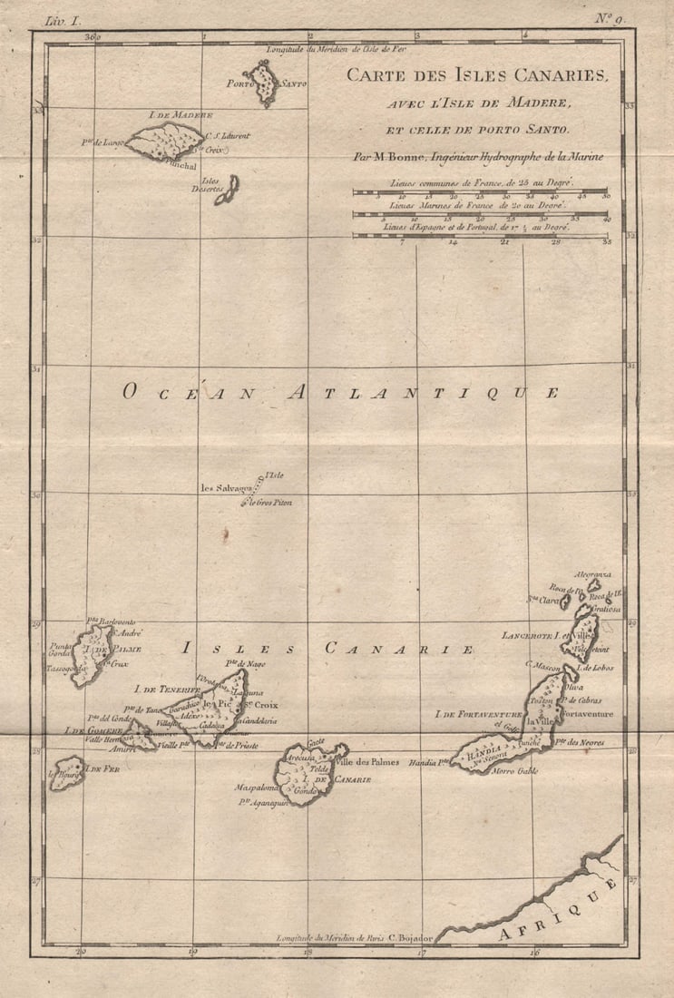 Isles Canaries avec l'Isle de Madere et celle de Porto Santo. BONNE 1780 map: Carte Des Isles Canaries avec l'Isle de Madere et celle de Porto Santo'. A map of Madeira & the Canary Islands by Bonne, Rigobert. Published 1780. Antique copperplate engraved map. Size 34 x 23 cm