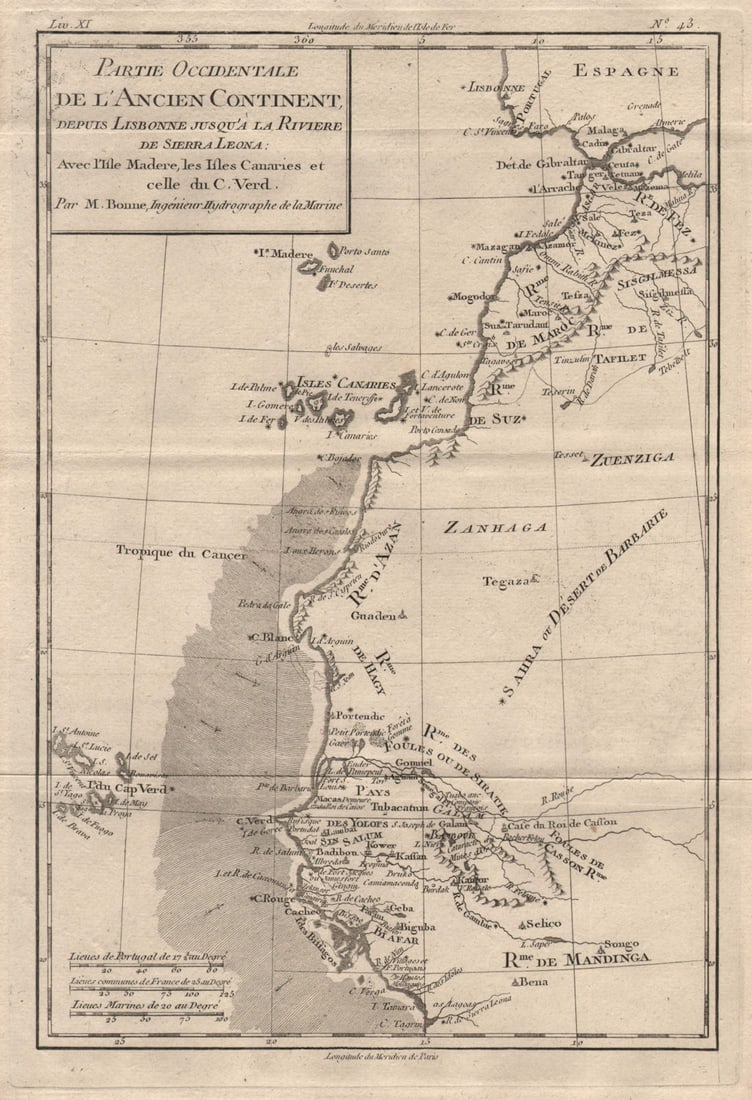 Partie Occidentale de l'Ancien Continent… W Africa Macaronesia. BONNE 1780 map: Partie Occidentale de l'ancien Continent depuis Lisbonne jusqu'a la riviere de Sierra Leona: avec l'Isle Madere, les Isles Canaries et celle du C. Cerd'. A map of the coast of West Africa and the isla