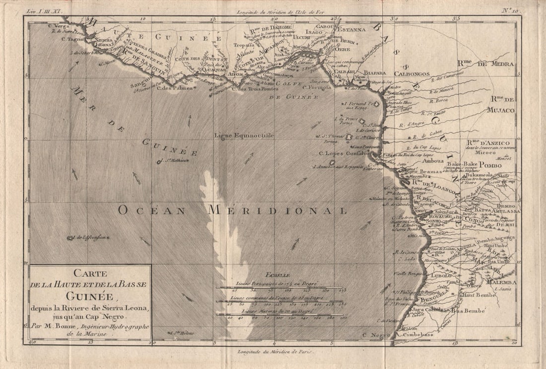 Carte de la Haute et de la Basse Guinée. Gulf of Guinea Africa. BONNE 1780 map: Carte de la Haute et de la Basse Guinée'. A map of the Gulf of Guinea and the adjacent costs of west and southern Africa by Bonne, Rigobert. Published 1780. Antique copperplate engraved map. Size