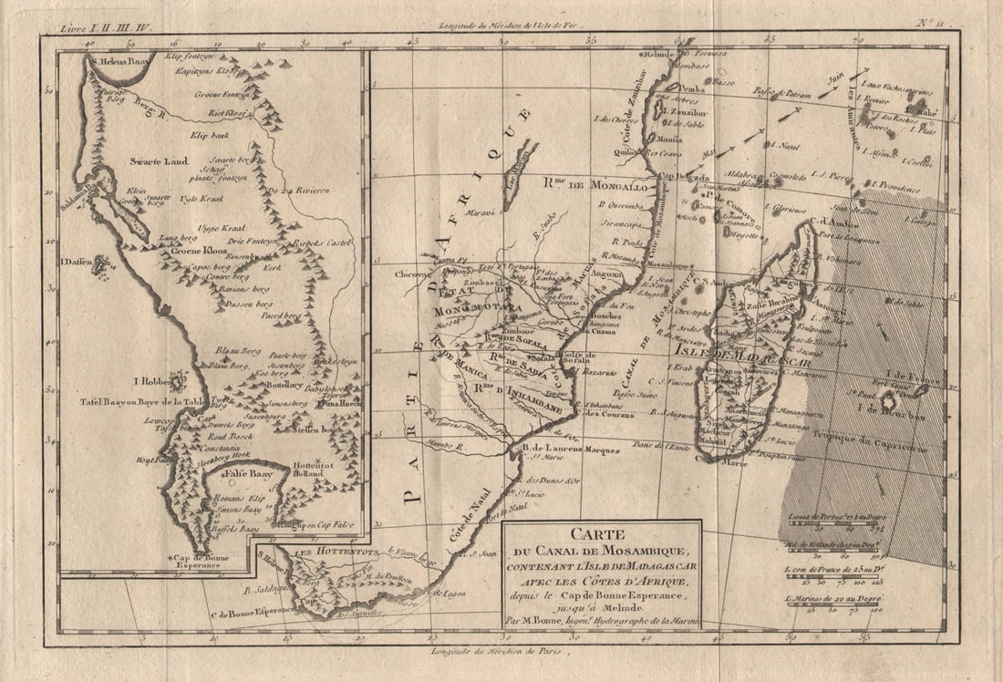 Carte du Canal de Mosambique…. Madagascar Bonne Esperance. BONNE 1780 map: Carte du Canal de Mosambique, contenant l'Isle de Madagascar avec les Côtes d'Afrique depuis le Cap de Bonne Esperance, jusqu'à Melinde'. A map of the Mozambique Channel & Madagascar, wi