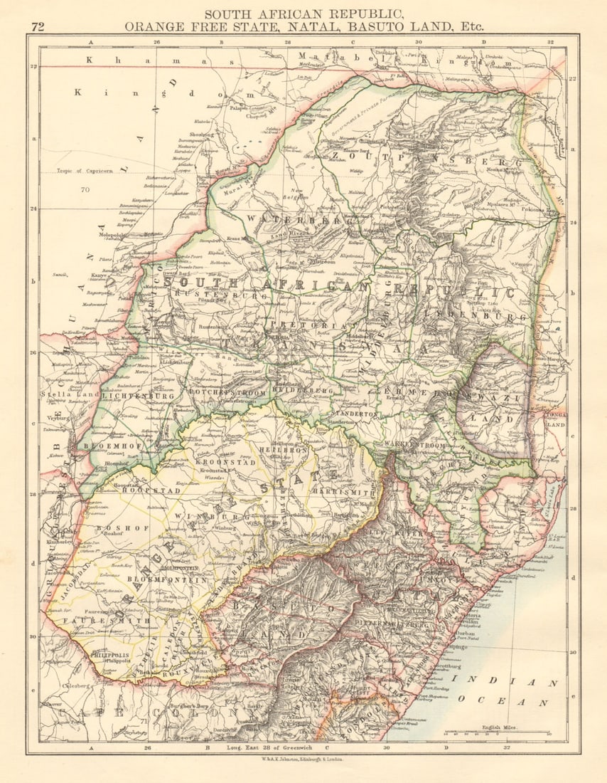 COLONIAL South African Republic Orange Free State Natal Basutoland 1892 map: South African Republic, Orange Free State, Natal, Basuto Land, Etc.'. W. & A.K. Johnston, Limited, Edinburgh & London. Published 1892. Antique colour map. Size 27 x 21 cm | 10.5 x 8.0 inches. Conditio