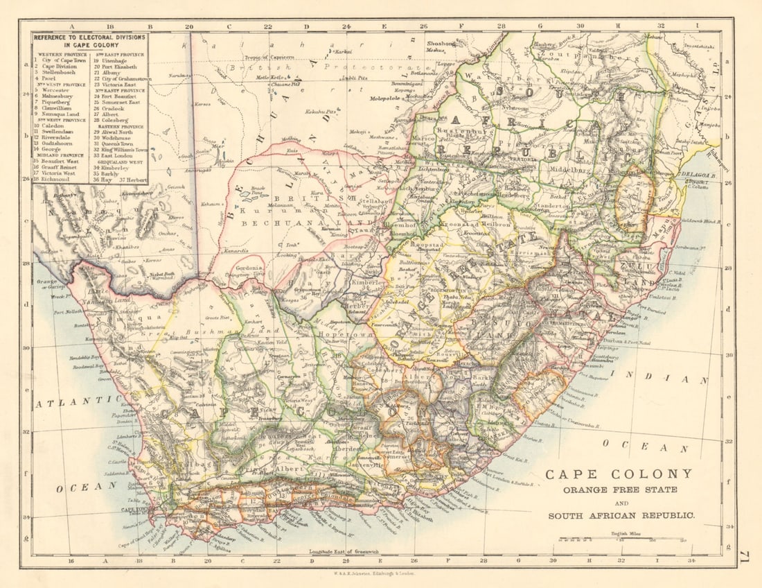 COLONIAL South African Republic Cape Colony Orange Free State JOHNSTON 1892 map: Cape Colony Orange Free State and South African Republic'. W. & A.K. Johnston, Limited, Edinburgh & London. Published 1892. Antique colour map. Size 20 x 27 cm | 8.0 x 10.5 inches. Condition: Good; su