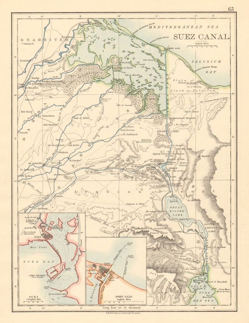 SUEZ CANAL Plan of the canal. Plans of Suez & Port Said JOHNSTON 1892 old map: Suez Canal; Inset maps of Suez; Port Said'. W. & A.K. Johnston, Limited, Edinburgh & London. Published 1892. Antique colour map. Size 27 x 20 cm | 10.5 x 8.0 inches. Condition: Good; suitable for fram