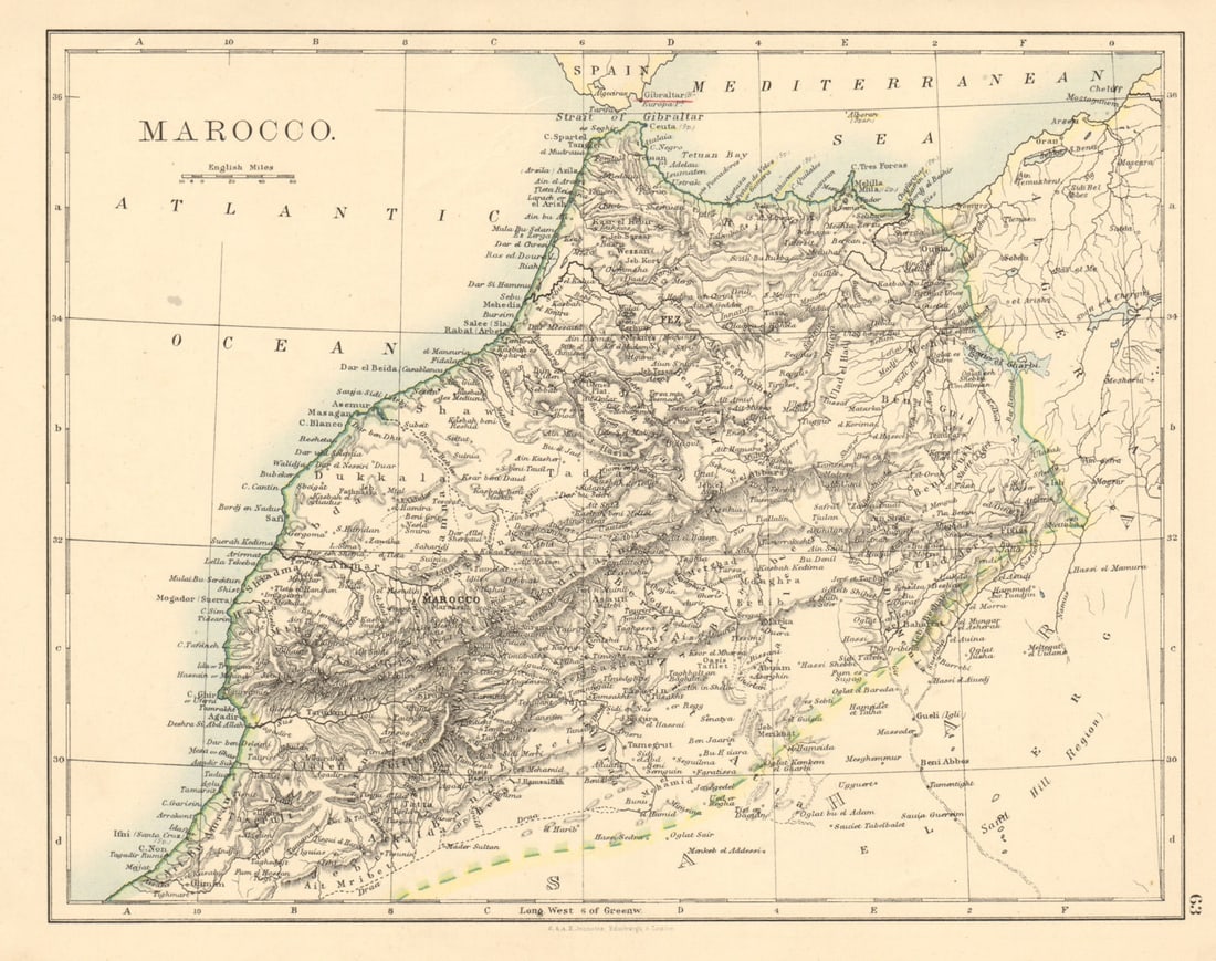 MOROCCO showing Atlas mountains rivers towns Marrakech JOHNSTON 1892 old map: Marocco'. W. & A.K. Johnston, Limited, Edinburgh & London. Published 1892. Antique colour map. Size 21 x 27 cm | 8.0 x 10.5 inches. Condition: Good; suitable for framing. The image shown may have been