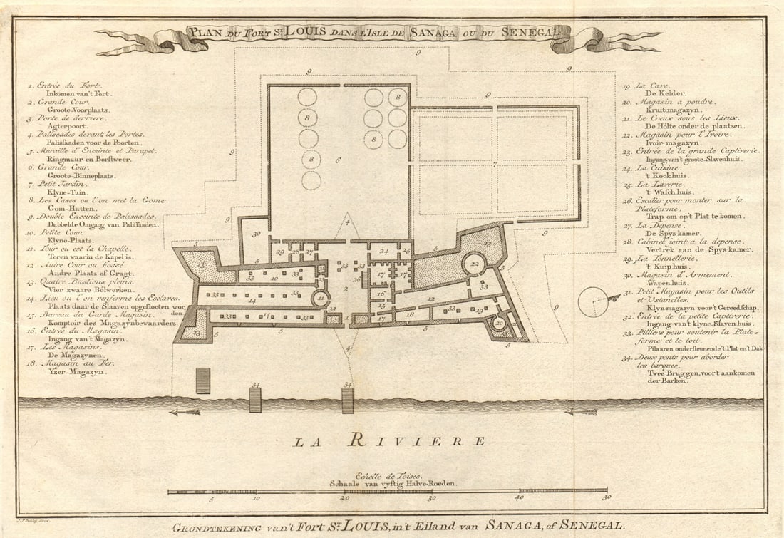 Fort S. Louis dans I’Isle de Sanaga ou… Sénégal' Senegal BELLIN/SCHLEY 1747: Plan du Fort S. Louïs dans I’Isle de Sanaga ou du Sénégal [Plan of Fort St. Louis in an island of the Senegal River] by Schley, Jakob van der & Bellin, Jacques Nicolas. Published