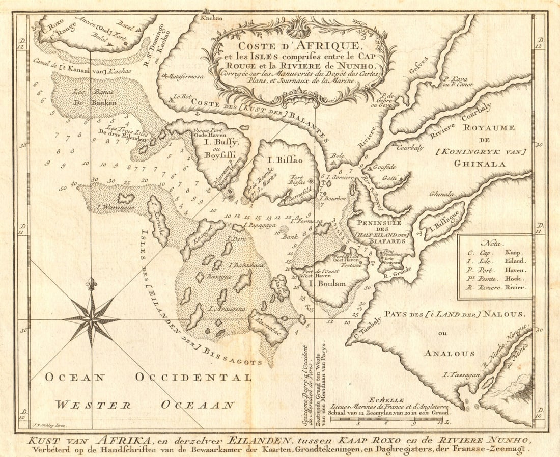 Coste d’Afrique…' Guinea-Bissau & Bissagos archipelago. BELLIN/SCHLEY 1747 map: Coste d’Afrique, et les Isles comprises entre le Cap Rouge, & la Rivière de Nunho [The coast of Africa, and the islands between Cap Roxo and the Nunho River]. Guinea-Bissau coast &