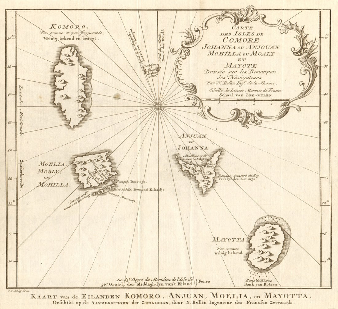 Isles de Comore, Johanna ou Anjouan… & Mayotte'. Comoros BELLIN/SCHLEY 1748 map: Carte des Isles de Comore, Johanna ou Anjouan, Mohilla, ou Moaly, et Mayotte, dressée sur des Remarques des Navigateurs [Map of the islands of Comoros, Johanna or Anjouan, Moheli or Mwali, and Ma