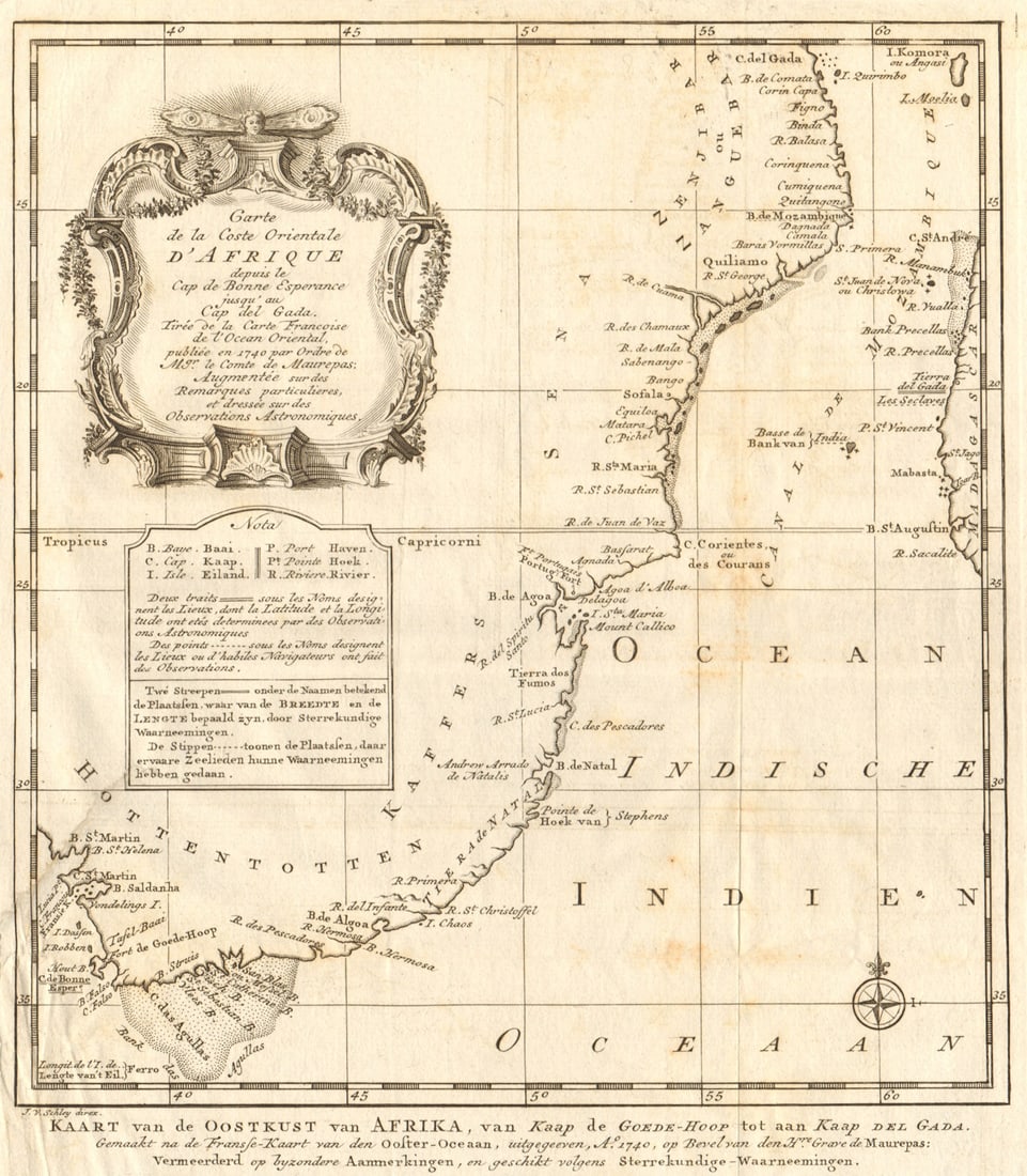 Coste Orientale d’Afrique'. South Africa Mozambique BELLIN/SCHLEY 1747 map: Carte de la Coste Orientale d’Afrique, depuis le Cap de Bonne-Esperance jusqu’au Cap del Gada [Map of the east coast of Africa, from the Cape of Good Hope, to Cape Delgado]. The eastern co