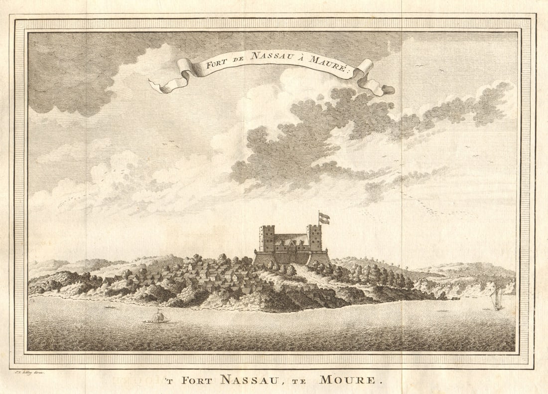 Fort de Nassau à Maure'. Fort Nassau, at Moree, Ghana. SCHLEY 1747 old print: Fort de Nassau à Maure [Fort Nassau, at Moree] by Schley, Jakob van der. Published 1747. Antique copperplate print. Size 21 x 29 cm | 8.5 x 11.5 inches. Condition: Good; suitable for framing. Ple