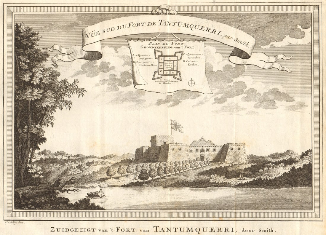 Fort de Tantumquerri'. Fort Tantumquerry, Otuam, Mfantseman, Ghana. SCHLEY 1747: Vue sud du Fort de Tantumquerri [View of Fort Tantumquerry]. Fort Tantumquerry, Otuam, Mfantseman by Schley, Jakob van der. Published 1747. Antique copperplate print. Size 20 x 28 cm | 8.0 x 11.0 inch