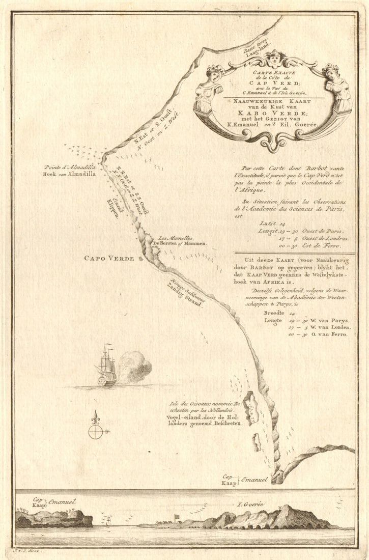 Carte exacte de la Côte du Cap-Verd'/Vert Senegal Dakar BELLIN/SCHLEY 1747 map: Carte exacte de la Côte du Cap-Verd, avec la vue du Cap Emanuel, & de l’Isle Goerée [Map of the Cap-Vert coast, with the view of Banc Manuel, and Île de Gorée]. Cap-Vert,