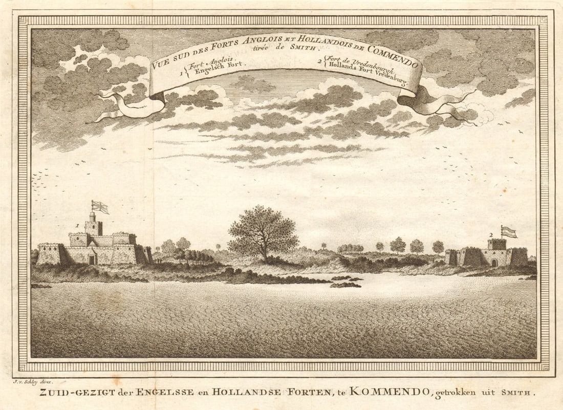 English Fort Komenda & Dutch Fort Vredenburg, Ghana. Commendo. SCHLEY 1748: Vue Sud des Forts Anglois & Hollandois de Commendo, tirée de Smith [South view of the English and Dutch Forts at Komenda, from Smith]. English Fort Komenda & Dutch Fort Vredenburg, Komend
