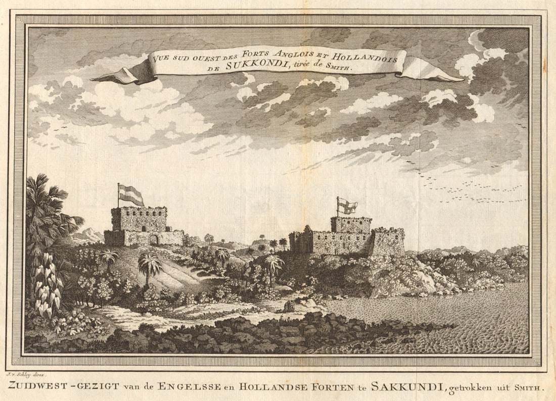 View of English Fort Sekondi & Dutch Fort Orange, Takoradi, Ghana. SCHLEY 1748: Vue Sud-Ouest des Forts Anglois & Hollandois de Sukkondi, tirée de Smith [Southwestern view of the English and Dutch Forts at Sekondi, from Smith]. Fort Sekondi & Fort Orange. Takoradi by