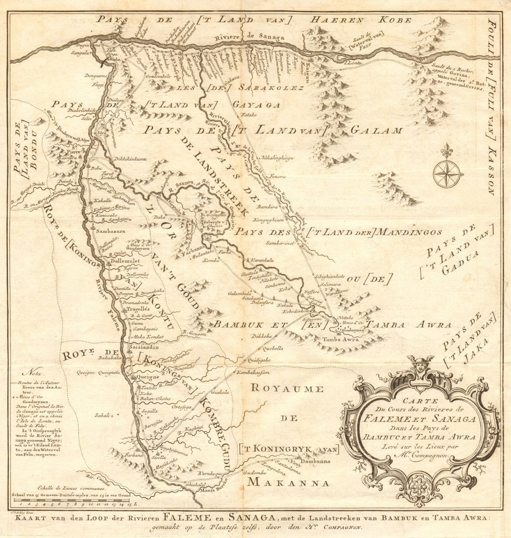 Cours des rivières de Falémé & Sanaga. Senegal river Mali BELLIN/SCHLEY 1747 map: Carte du Cours des Rivières de Falemé, et Sanaga, dans le Pays de Bambuc, et Tamba Awra [Map of the course of the Falémé and Senegal rivers, in Bambouk and Tamba Awra country]. Mal