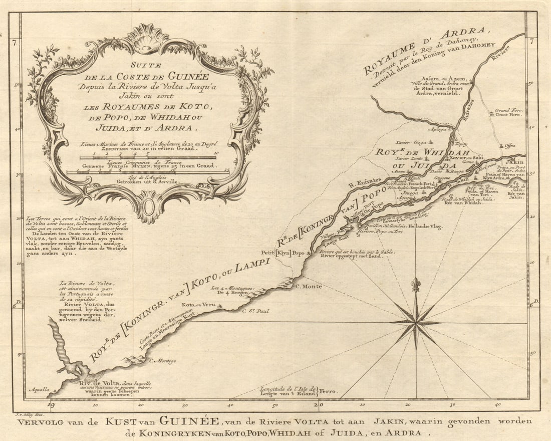 Suite de la Coste de Guinée'. Ghana Togo Benin coast. BELLIN/SCHLEY 1748 map: Suite de la Coste de Guinée, depuis la Rivière de Volta, jusqu'à Jakin ou sont les Royamues de Koto, de Popo, de Whidah ou Juida, et d'Ardra [Continuation of the coast of Guinea, from t