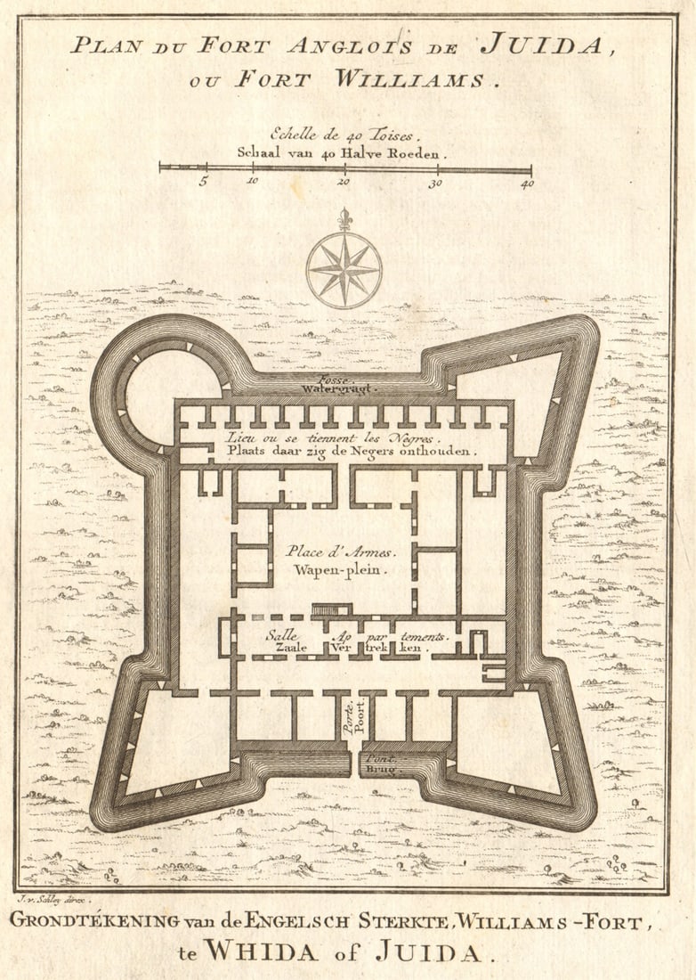 Fort Anglois de Juida ou Fort Williams'. Ouidah, Benin. BELLIN/SCHLEY 1748 map: Plan du Fort Anglois de Juida ou Fort Williams [Plan of the English fort at Ouidah, or Fort Williams]. Whydah by Schley, Jakob van der & Bellin, Jacques Nicolas. Published 1748. Antique copperplate ma