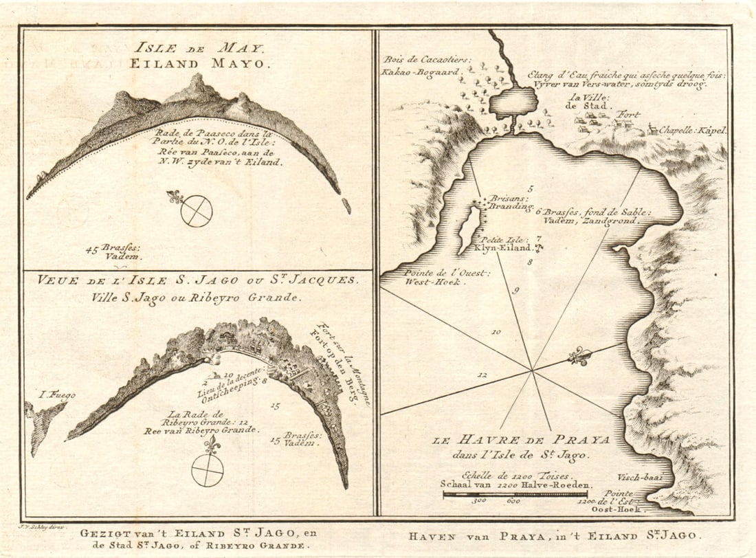 Cape Verde islands. Maio. Praia harbour, Santiago. BELLIN/SCHLEY 1747 old map: Isle de May; Vue de l’lsle de S. Jago, ou St Jaques; le Havre de Praya dans l’lsle de St. Jago [Isle of Maio. View of the island of Praia; Praia harbour on Santiago island] by Schley, Jako
