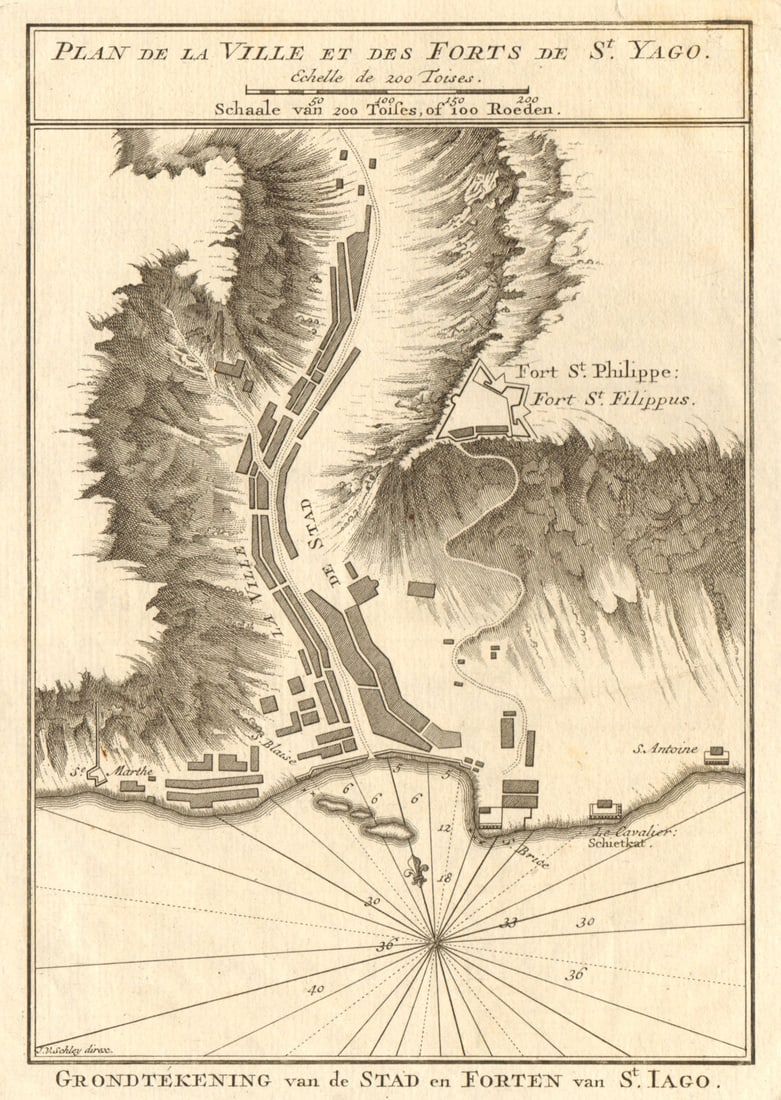 Plan de la Ville… de St. Yago. Praia Santiago Cape Verde. BELLIN/SCHLEY 1747 map: Plan de la Ville et des Forts de St. Yago [Map of the City and Forts of Santiago]. Praia, Santiago by Schley, Jakob van der & Bellin, Jacques Nicolas. Published 1747. Antique copperplate map. Size 22