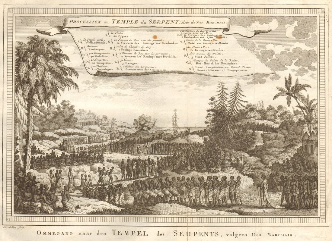 Procession au Temple du Serpent'. Whydah. Des Marchais. Ouidah. SCHLEY 1748: Procession au Temple du Serpent, tirée de Des Marchais [Procession at the Temple of the Serpent, taken from des Marchais]. Ouidah by Schley, Jakob van der. Published 1748. Antique copperplate pri