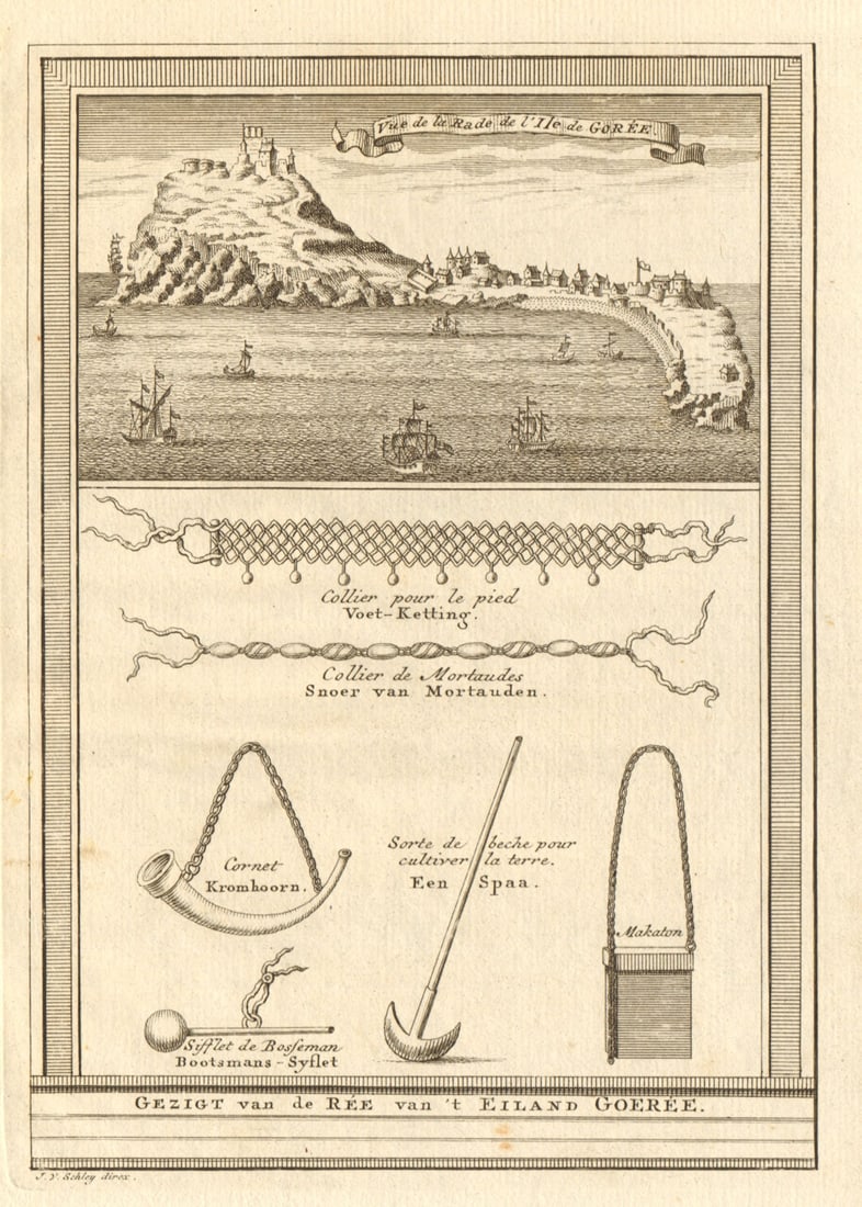 La Rade de l’lsle de Gorée'. Île de Goree Dakar Senegal. Necklaces. SCHLEY 1747: Vue de la Rade de l’lsle de Gorée [View of the roadstead of the Île de Gorée]. Dakar by Schley, Jakob van der. Published 1747. Antique copperplate print. Size 21 x 15 cm | 8.0 x 5