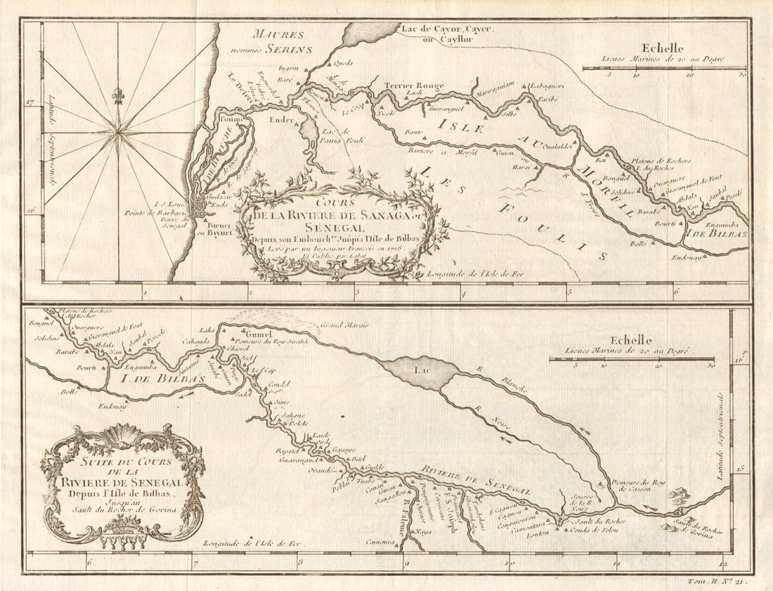 Cours de la Rivière de Sanaga ou Sénégal'. Senegal River. BELLIN 1746 old map (1 of 1)