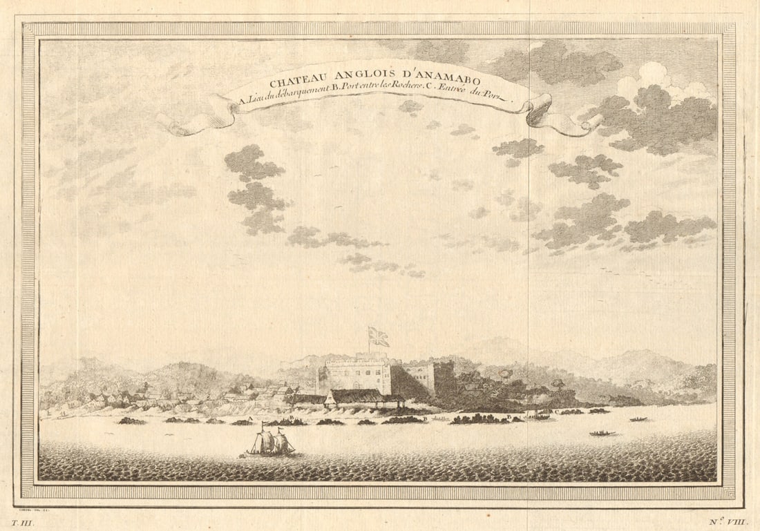 Chateau Anglois d’Anamabo'. Fort Charles (now Ft William), Anomabu, Ghana 1747: Chateau Anglois d’Anamabo A. Lieu du département B. Port entre les Rochers C. Entrée du Port [The English Fort at Anomabu] by Bellin, Jacques-Nicolas. Published 1747. Antique copperpla