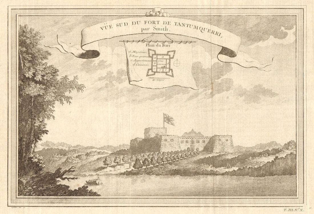 Fort sud de Tantumquerri'. Fort Tantumquerry, Otuam, Mfantseman, Ghana 1747: Vue sud du Fort de Tantumquerri par Smith [View of Fort Tantumquerry] by Bellin, Jacques-Nicolas. Published 1747. Antique copperplate print. Size 20 x 30 cm | 8.0 x 11.5 inches. Condition: Good; suita