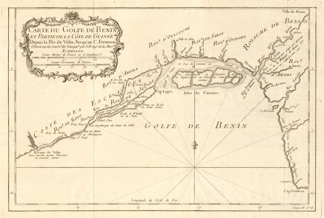Carte du Golfe de Benin'. Bight of Benin. Nigeria coast. Lagos. BELLIN 1747 map: Carte du Golfe de Bénin, et Partie de la Côte de Guinée, depuis la Rivière de Volta jusqu’au Cap Formosa [Map of the Bight of Benin, and part of the coast of Guinea, from the
