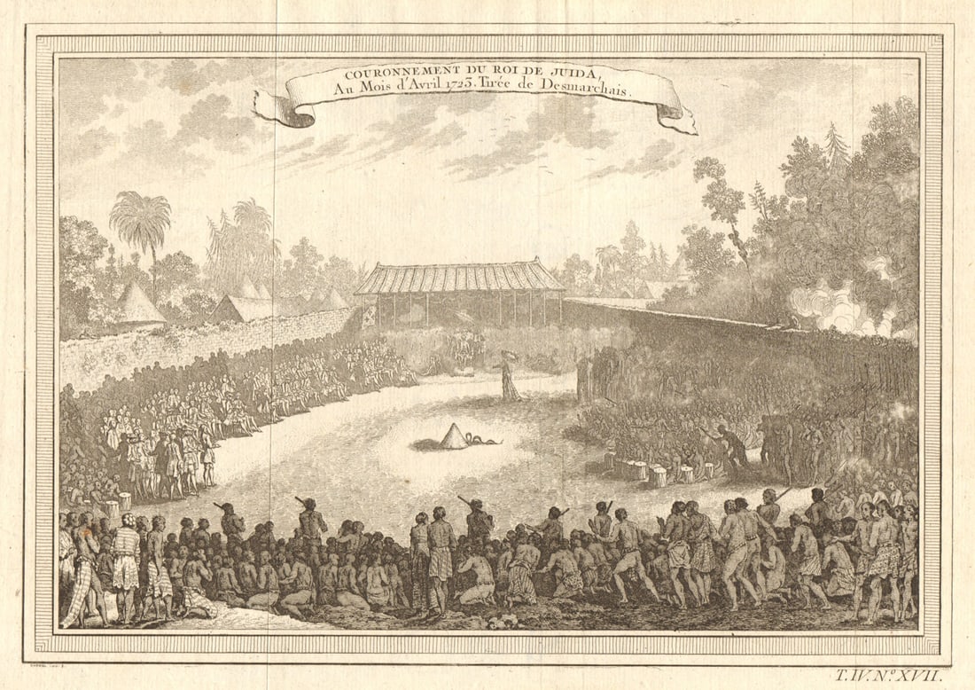 Benin. Coronation of King Haffon of Whydah in 1723. Ouidah 1747 old print: Couronnement du Roi de Juida, au mois d'Avril 1723. Tirée de Des Marchais [Coronation of the King of Whydah, in the month of April 1723. From des Marchais] by Bellin, Jacques-Nicolas. Published 1