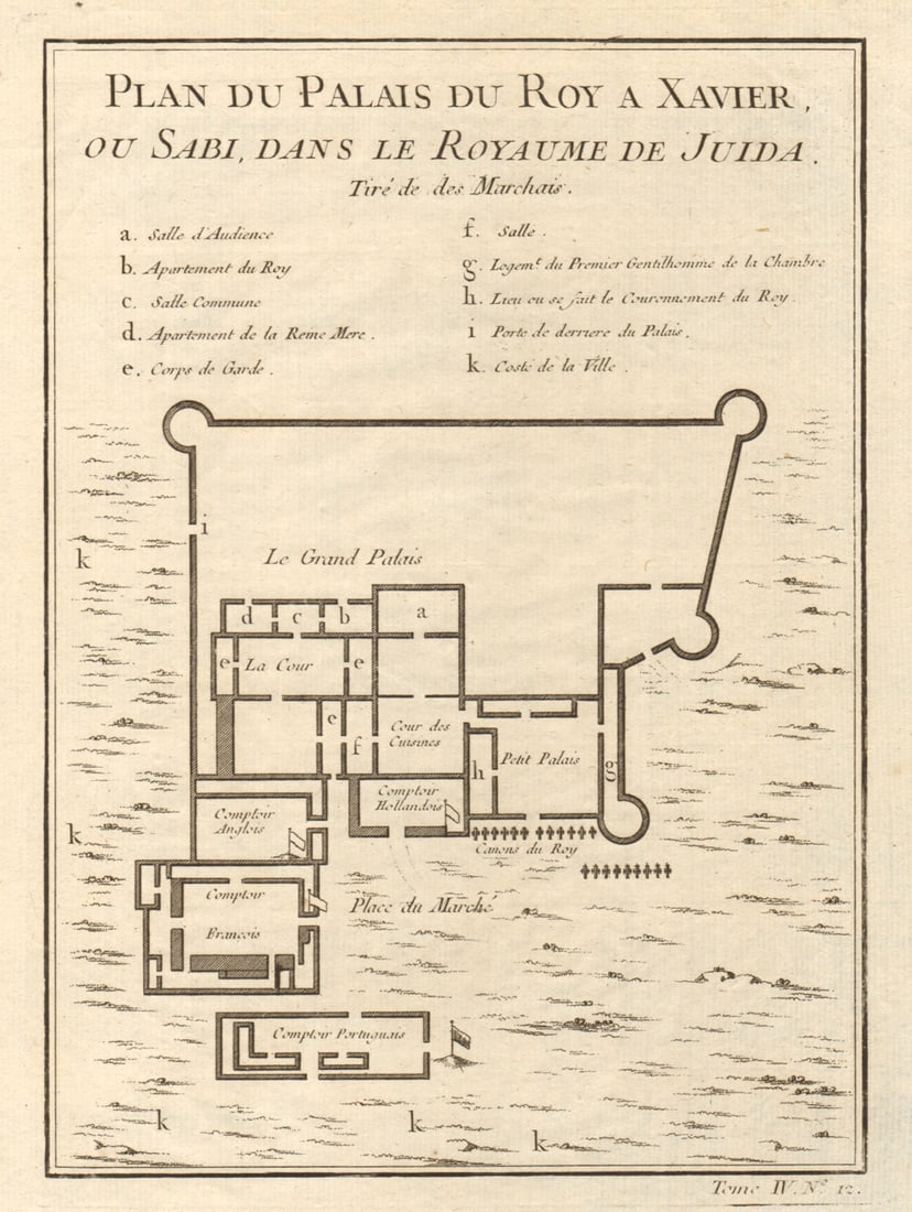 Palais du Roy à Xavier'. King's Palace, Ouidah, Benin. Whydah. BELLIN 1747 map: Plan du Palais du Roy à Xavier ou Sabi, dans le Royaume de Juida, tiré de des Marchais [Plan of the palace of the King at Xavier or Sabi, in the Kingdom of Whydah, taken from Marchais] by Be