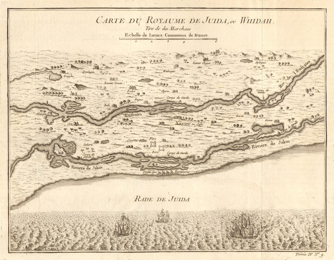 Carte du Royaume de Juida ou Whidah'. Ouidah / Whydah, Benin. BELLIN 1747 map: Carte du Royaume de Juida ou Whidah; tirée de des Marchais [Map of the Kingdom of Juida or Whydah; from des Marchais] by Bellin, Jacques-Nicolas. Published 1747. Antique copperplate map. Size 22