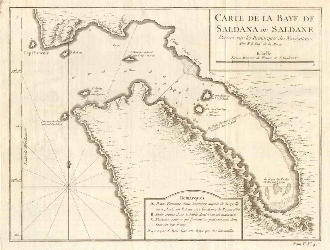 Carte de la Baye de Saldana'. Saldanha Bay, South Africa. BELLIN 1748 old map: Carte de la Baye de Saldana ou Saldane, dressée sur les Remarques des Navigateurs [Map of Saldanha Bay, drawn from the observations of navigators] by Bellin, Jacques-Nicolas. Published 1748. Anti